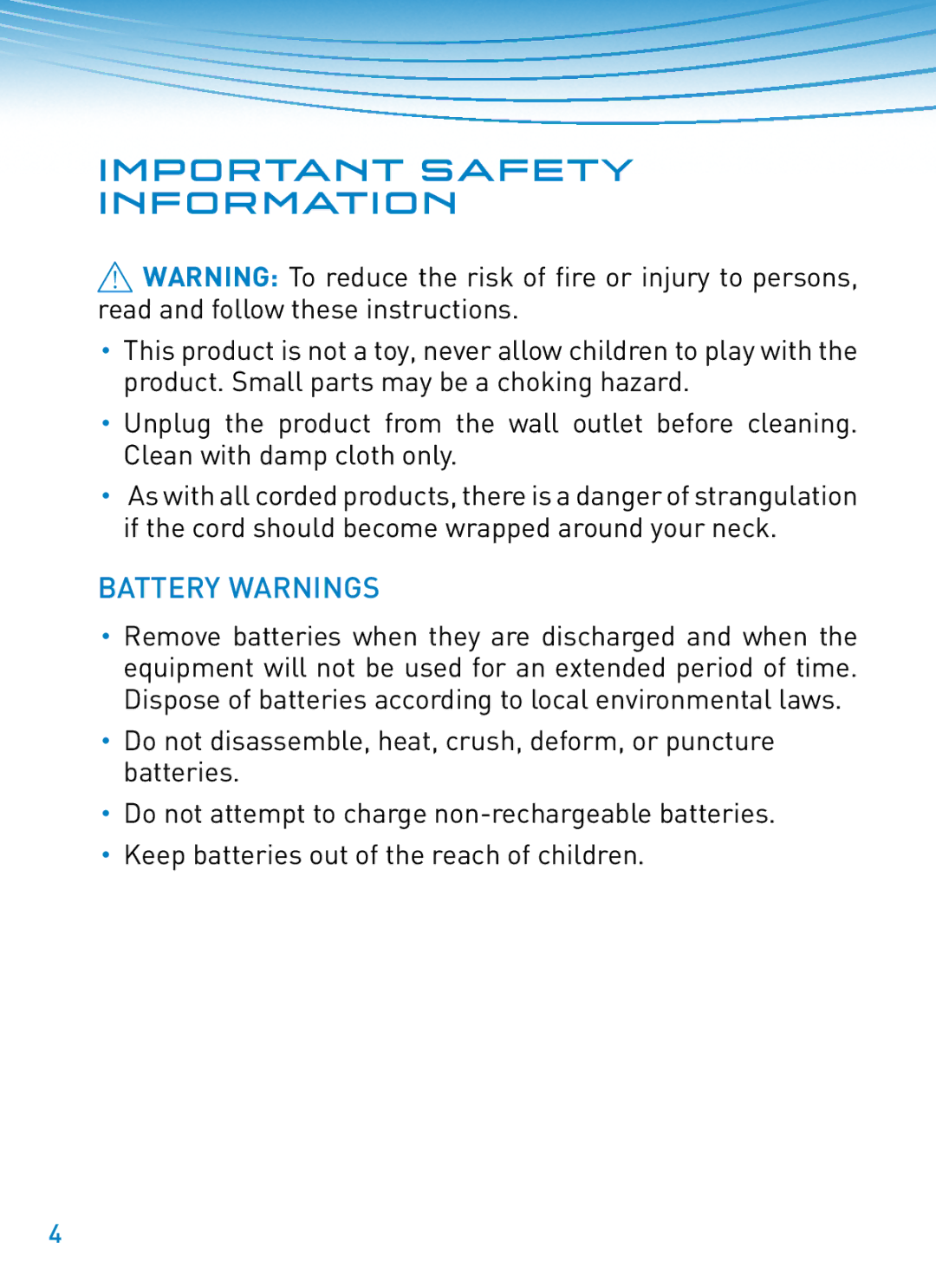 Plantronics M22 manual Important Safety Information, Battery Warnings 