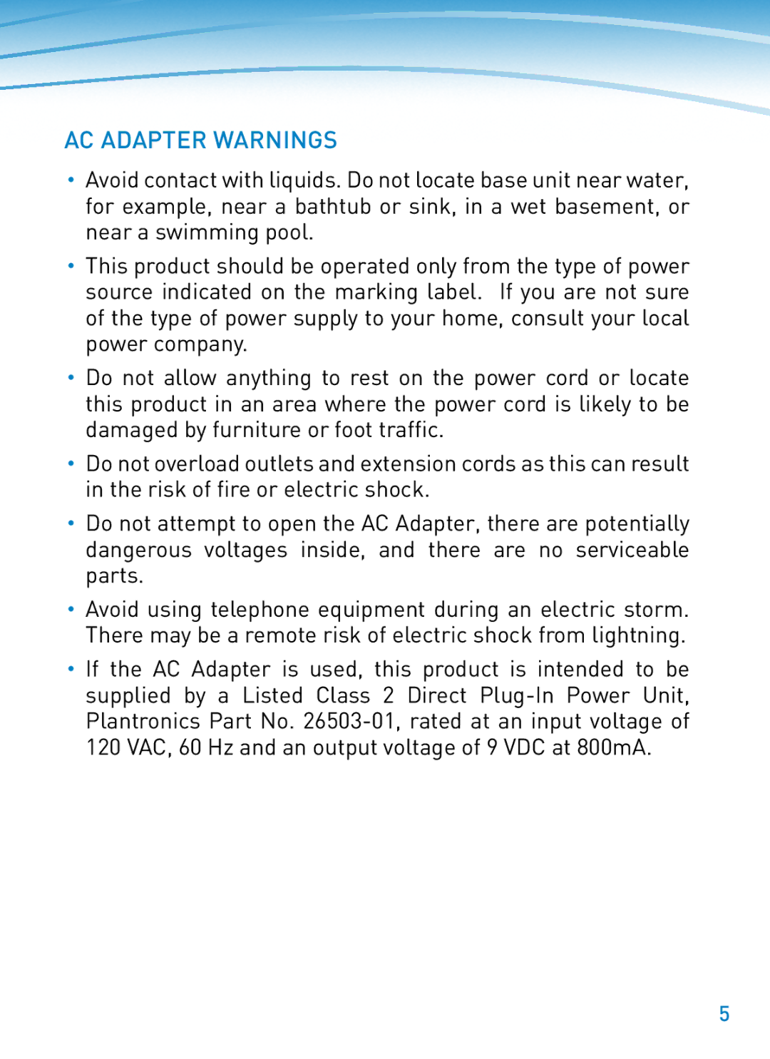 Plantronics M22 manual AC Adapter Warnings 