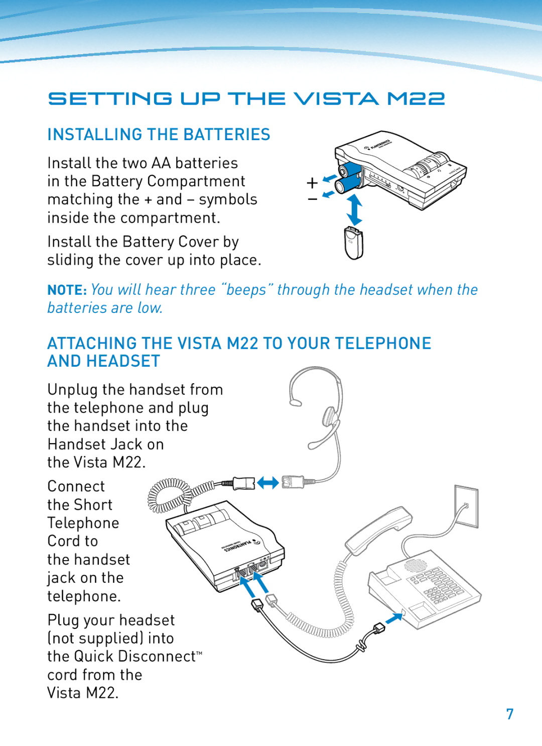 Plantronics Setting UP the Vista M22, Installing the Batteries, Attaching the Vista M22 to Your Telephone and Headset 