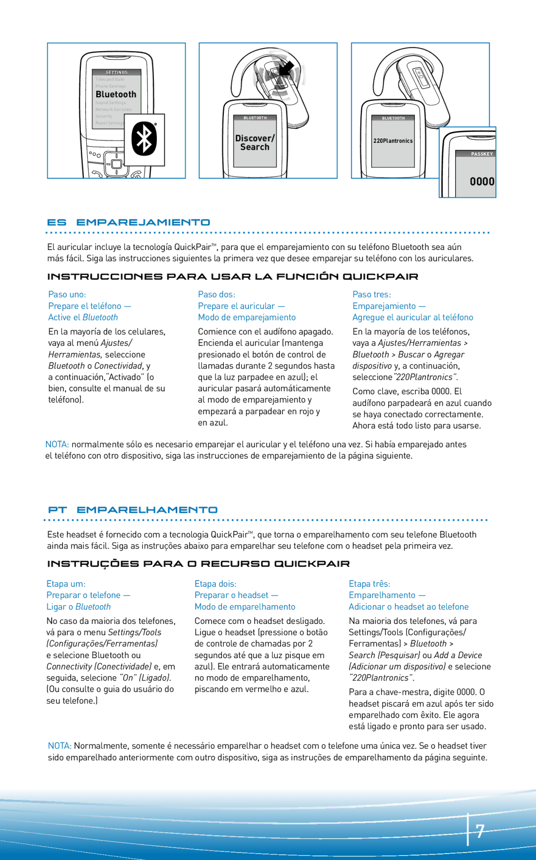 Plantronics M220 manual ES Emparejamiento, Instrucciones Para Usar LA Función Quickpair, PT Emparelhamento 