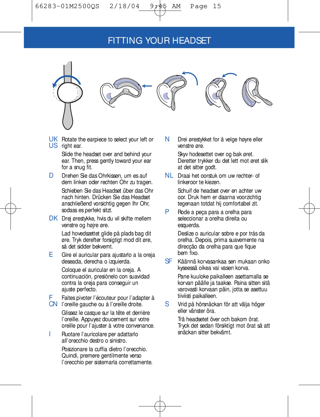 Plantronics M2500 quick start Fitting Your Headset, UK Rotate the earpiece to select your left or US right ear 