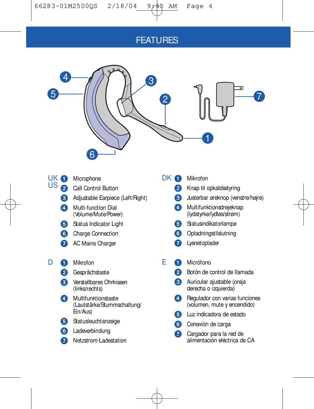 Plantronics M2500 quick start Features, Luz indicadora de estado Conexión de carga 