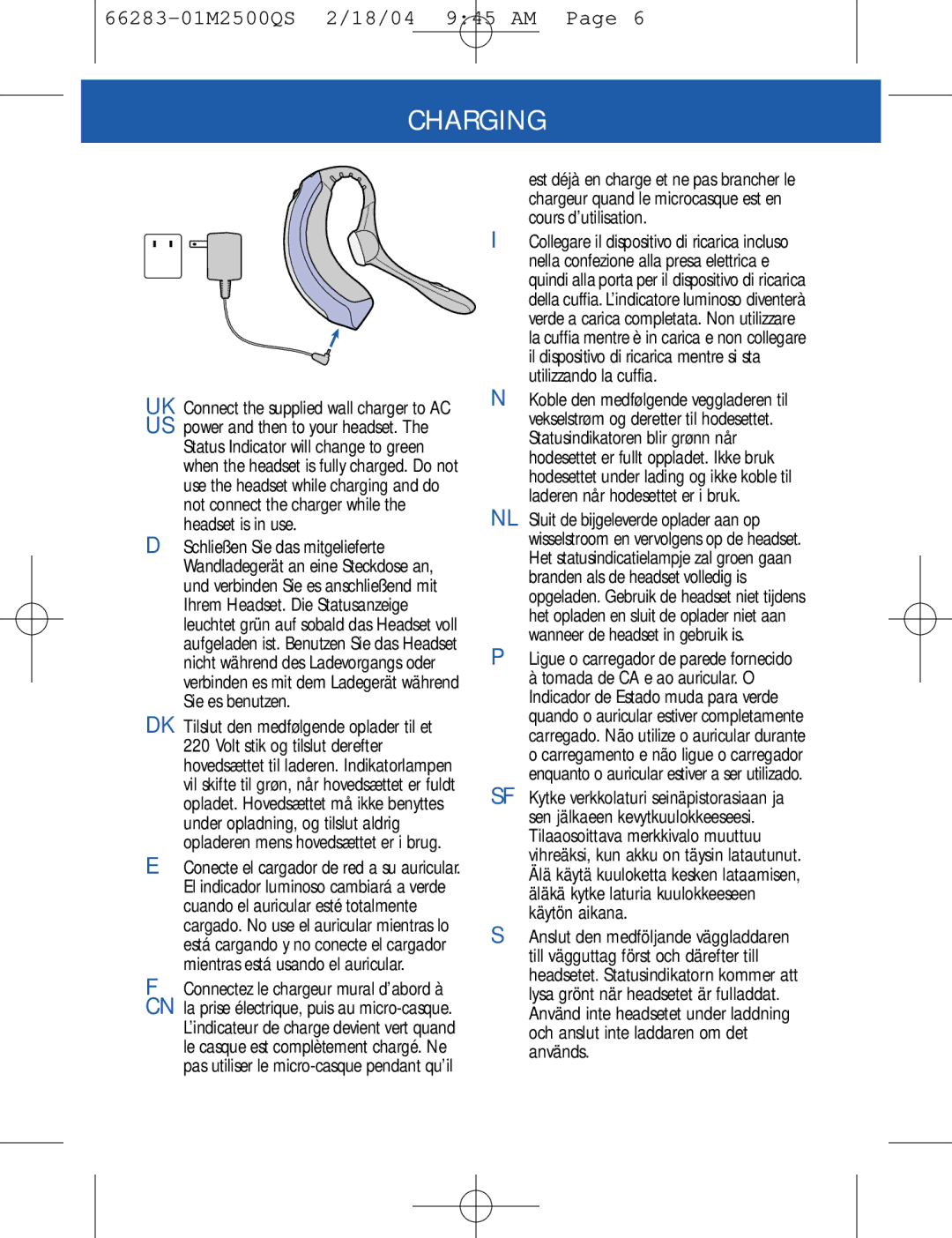 Plantronics M2500 quick start Charging 