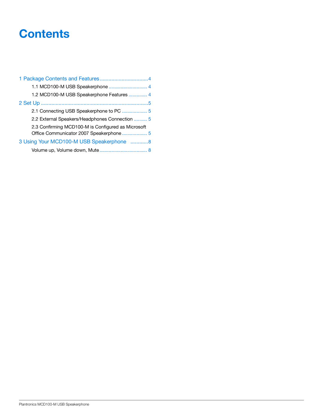 Plantronics MCD100-M manual Contents 