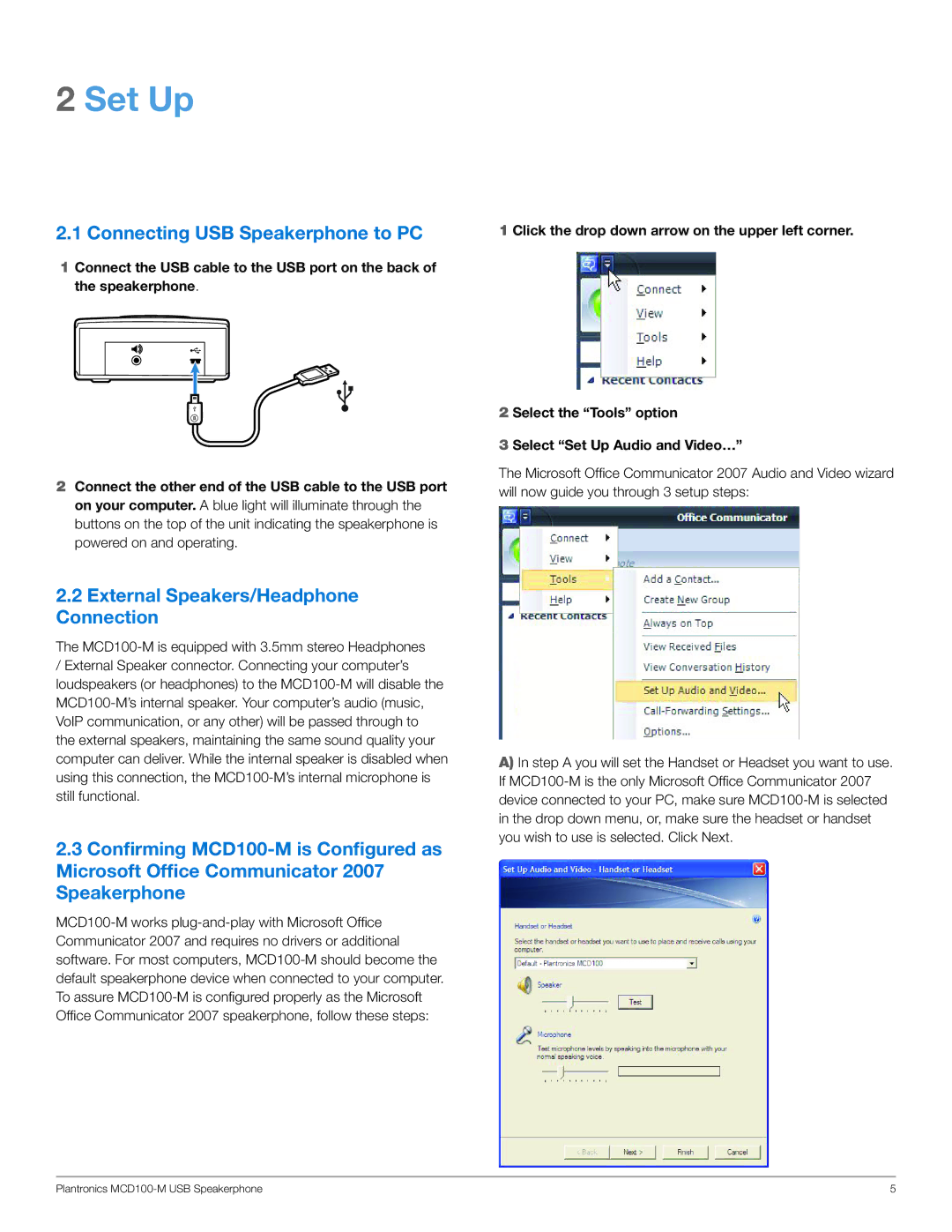 Plantronics MCD100-M manual Set Up, Connecting USB Speakerphone to PC 