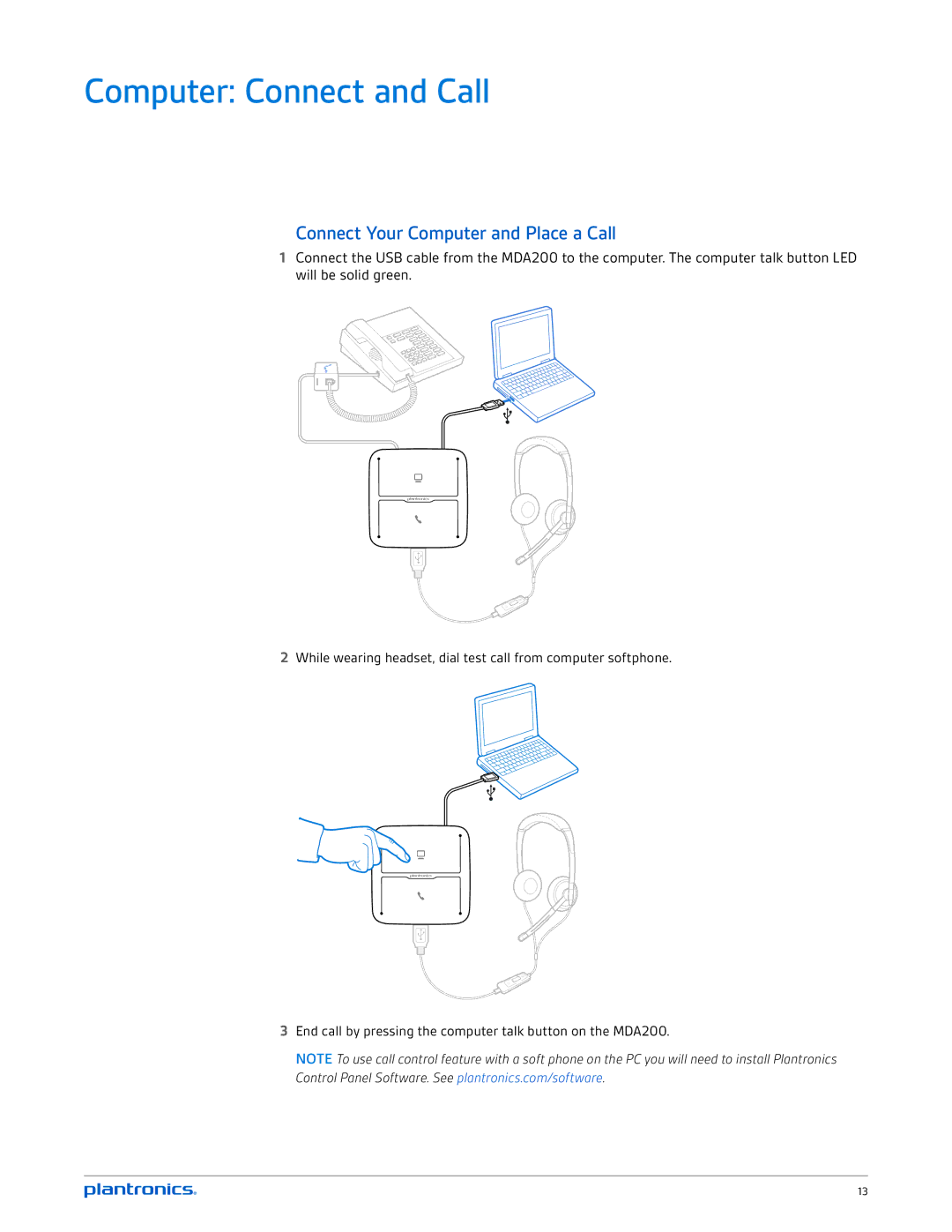 Plantronics mda200 manual Computer Connect and Call, Connect Your Computer and Place a Call 