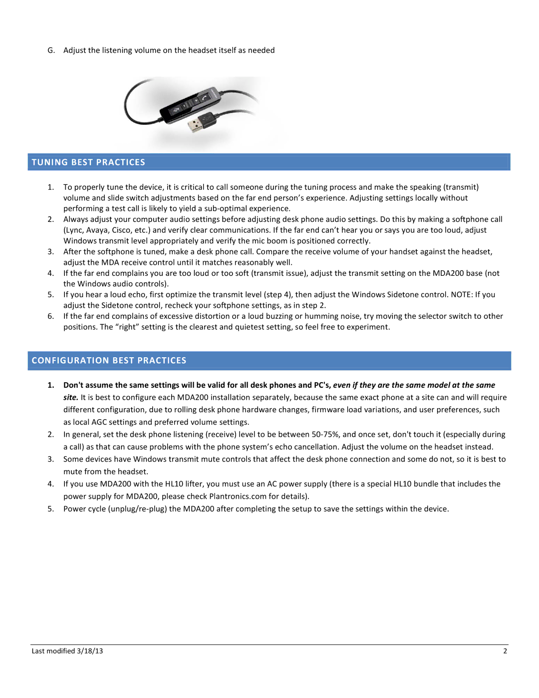 Plantronics mda200 manual Tuning Best Practices, Configuration Best Practices 