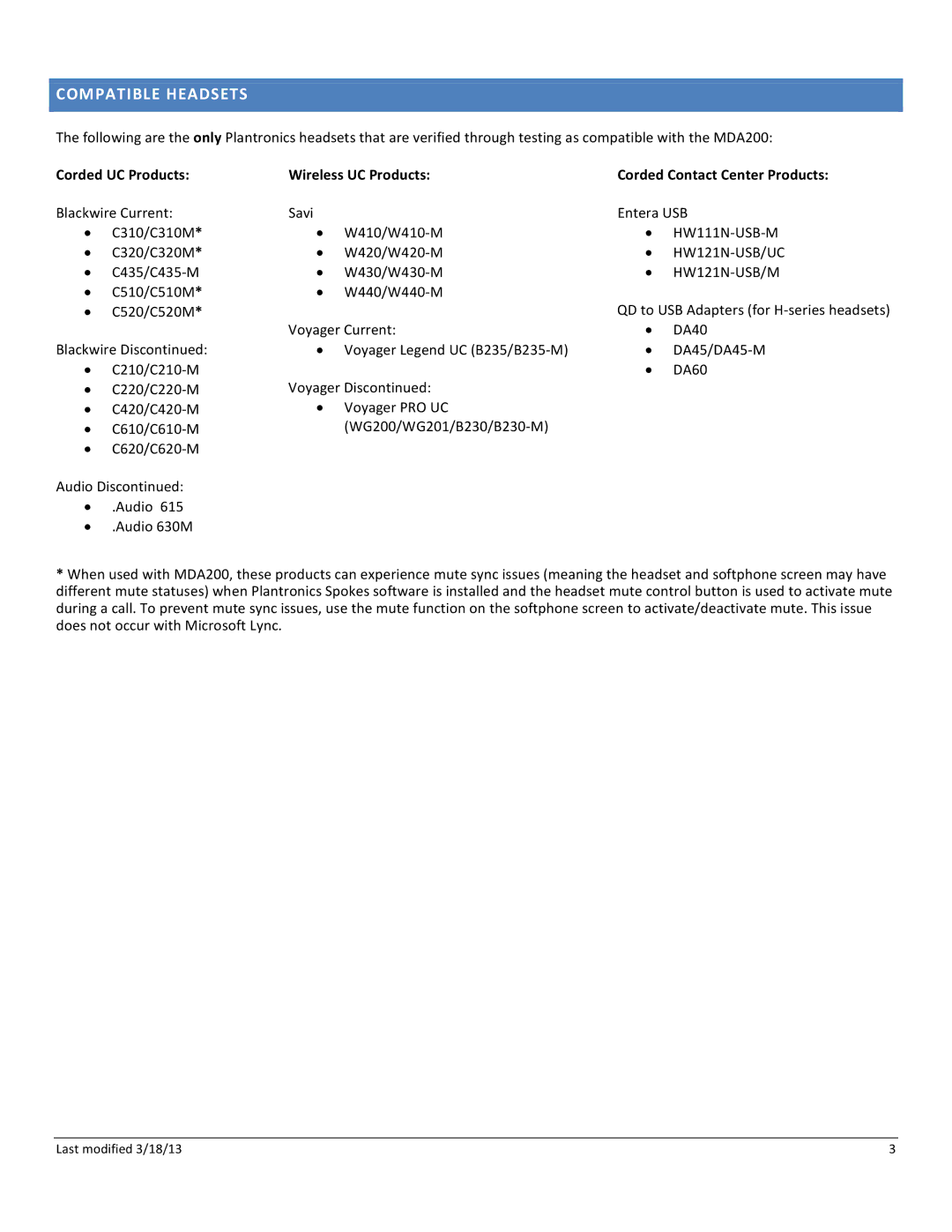 Plantronics mda200 manual Compatible Headsets, HW111N-USB-M, HW121N-USB/UC, HW121N-USB/M 