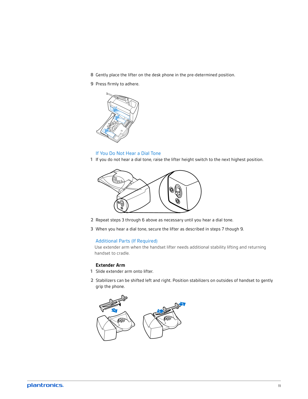 Plantronics mda200 manual If You Do Not Hear a Dial Tone, Additional Parts If Required, Extender Arm 