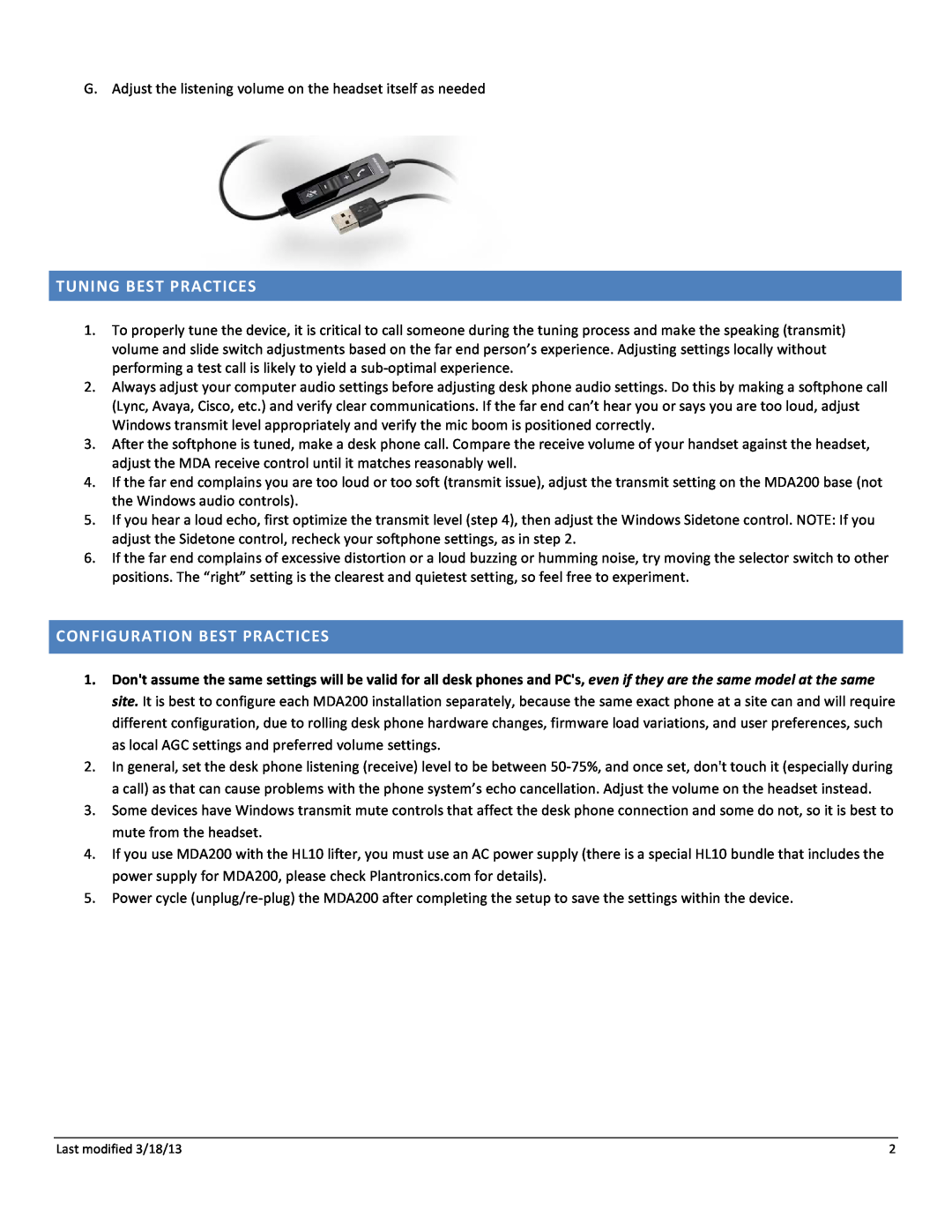 Plantronics mda200 manual Tuning Best Practices, Configuration Best Practices, Last modified 3/18/13 