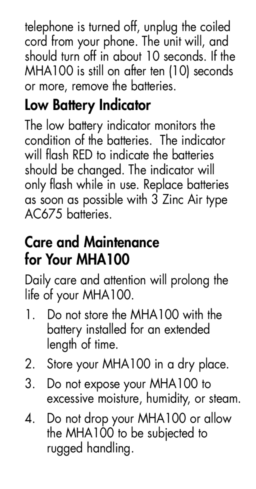 Plantronics manual Low Battery Indicator, Care and Maintenance for Your MHA100 