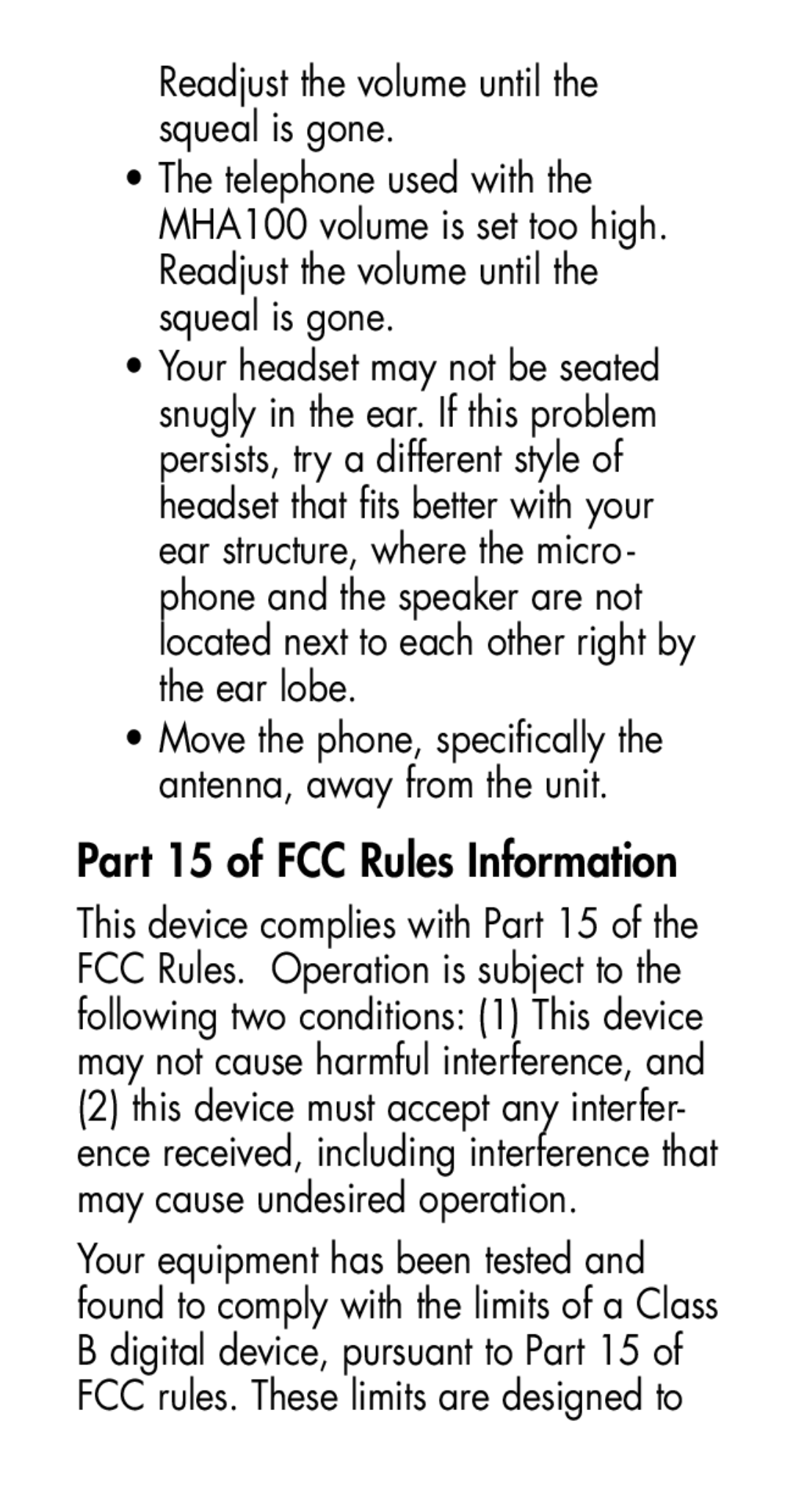 Plantronics MHA100 manual Part 15 of FCC Rules Information, Readjust the volume until the squeal is gone 