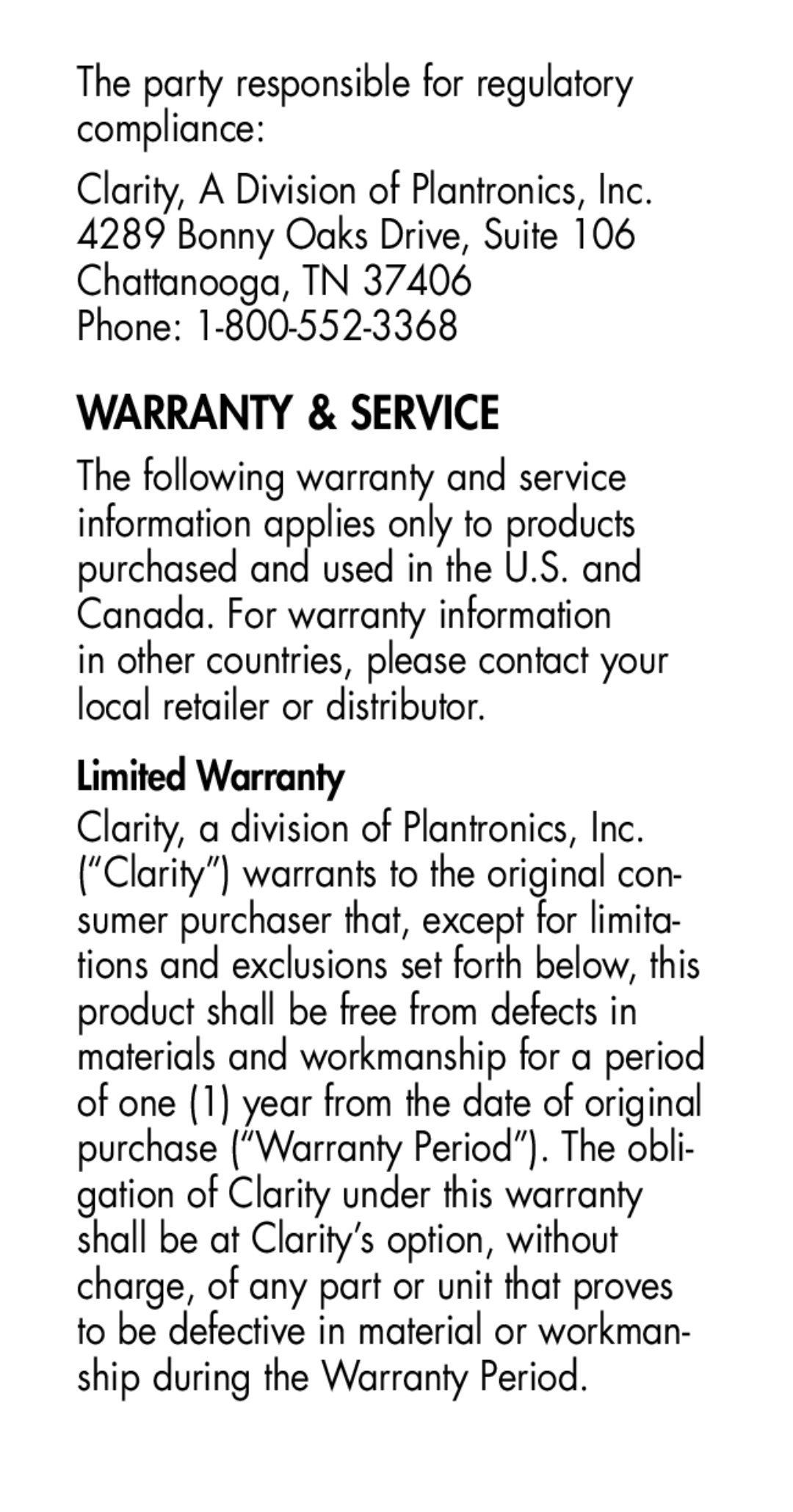 Plantronics MHA100 manual Warranty & Service, Party responsible for regulatory compliance, Phone, Limited Warranty 