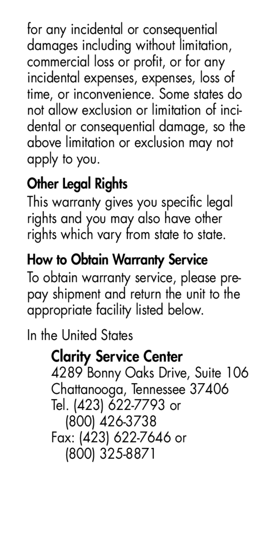 Plantronics MHA100 manual Other Legal Rights, How to Obtain Warranty Service, United States, Clarity Service Center, 800 