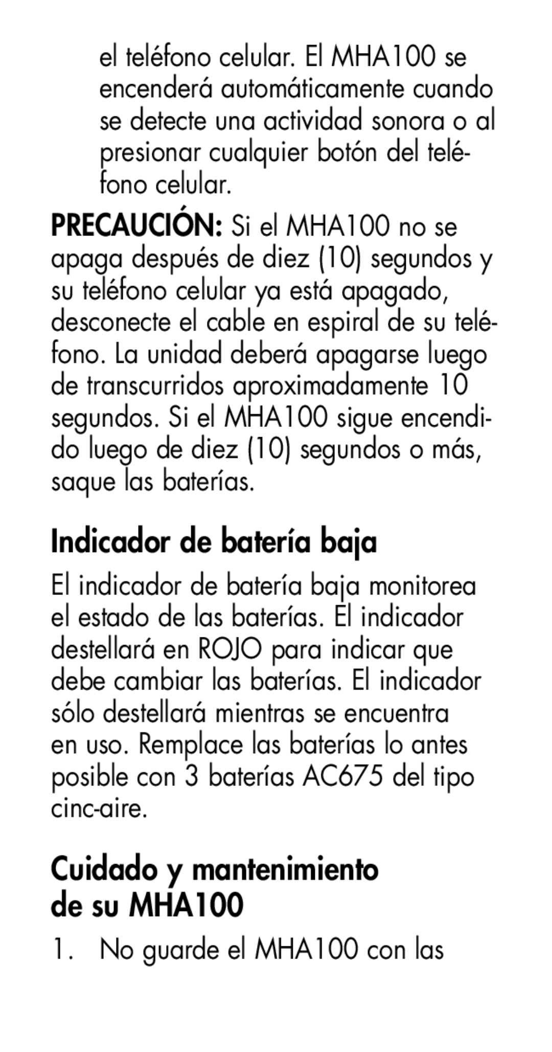 Plantronics manual Indicador de batería baja, Cuidado y mantenimiento de su MHA100, No guarde el MHA100 con las 