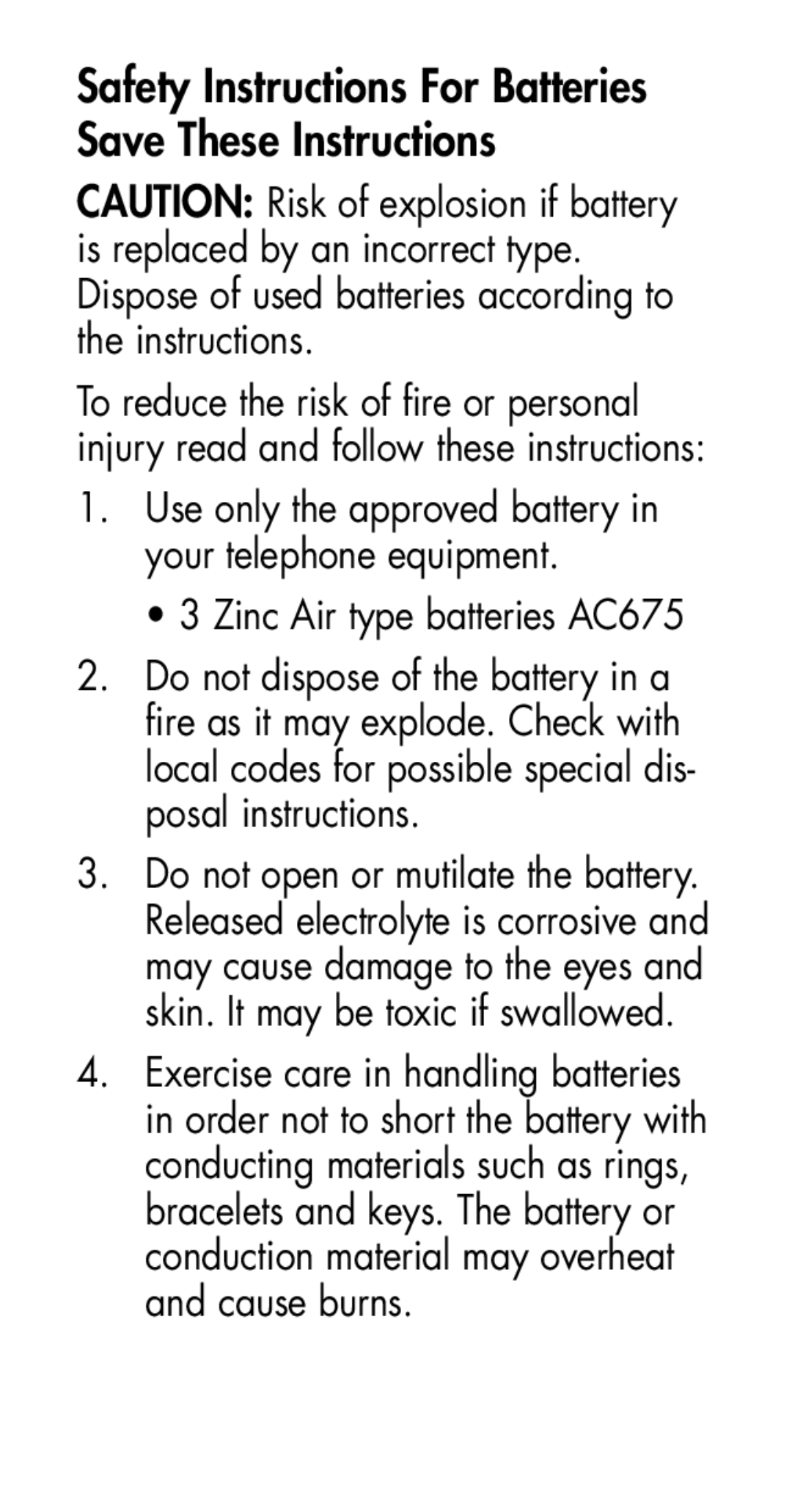 Plantronics MHA100 manual Safety Instructions For Batteries Save These Instructions, Zinc Air type batteries AC675 