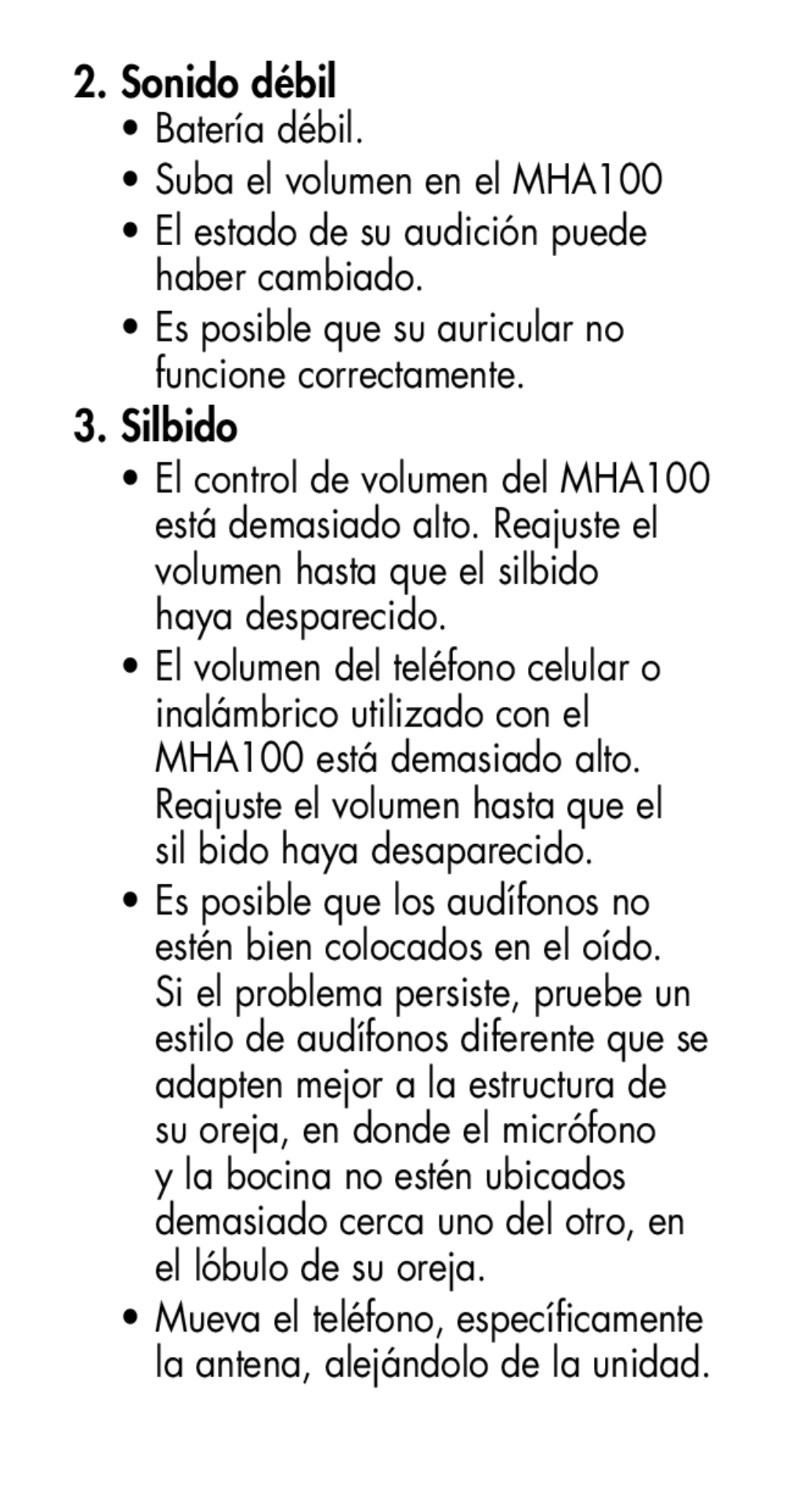 Plantronics manual Sonido débil, Batería débil Suba el volumen en el MHA100, Silbido 