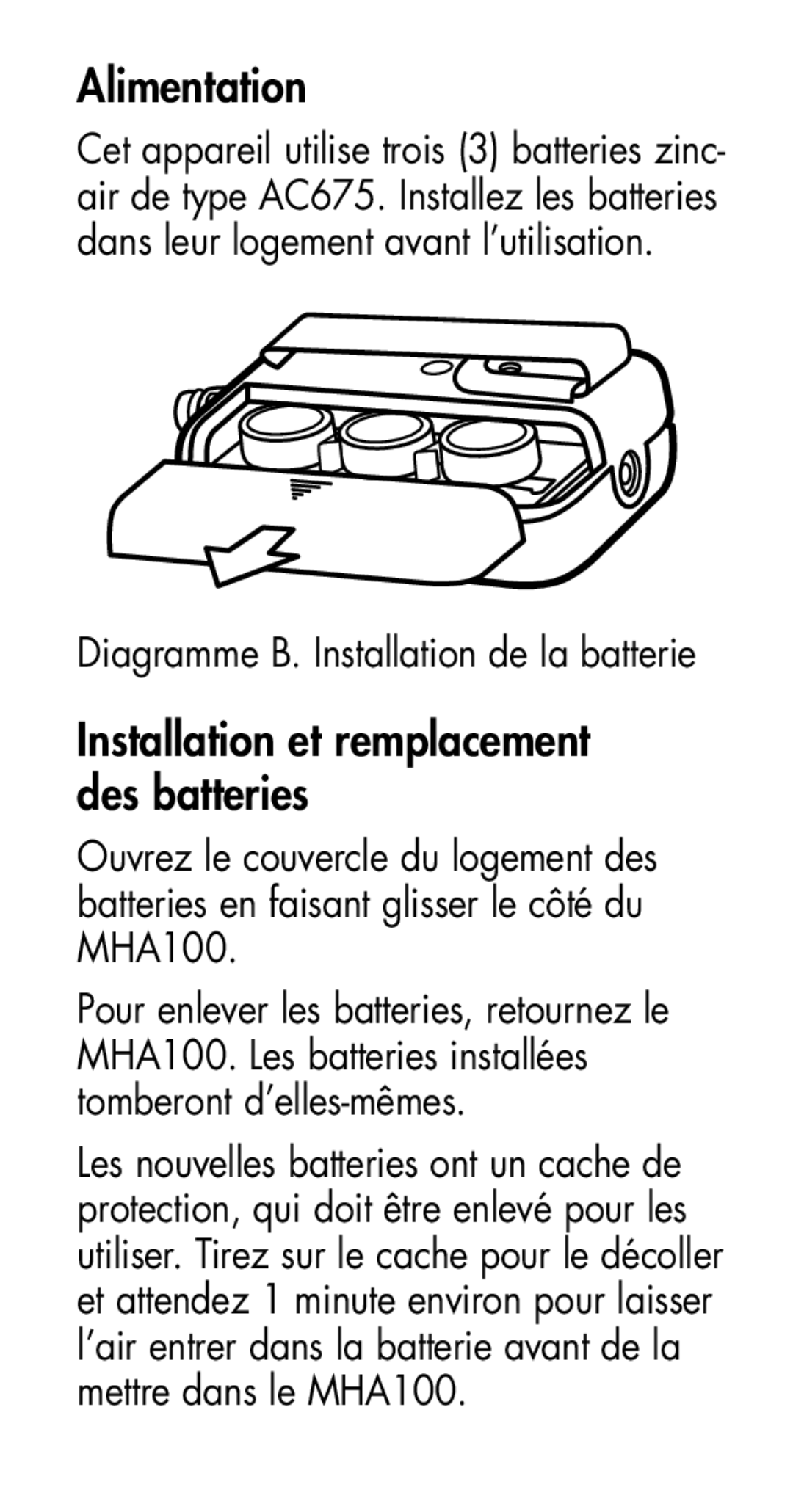 Plantronics MHA100 manual Alimentation, Installation et remplacement des batteries 