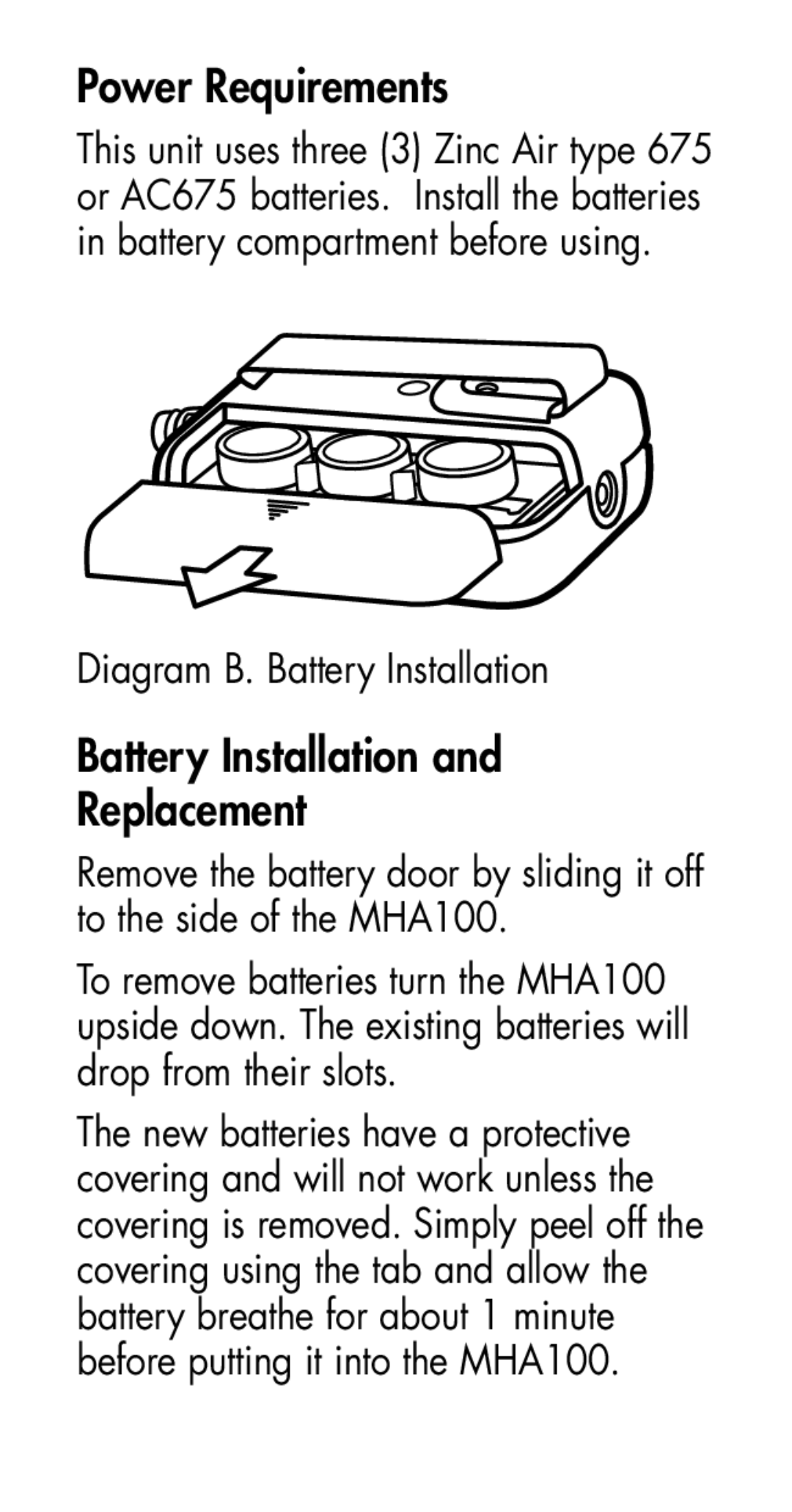 Plantronics MHA100 manual Power Requirements, Battery Installation Replacement, Diagram B. Battery Installation 