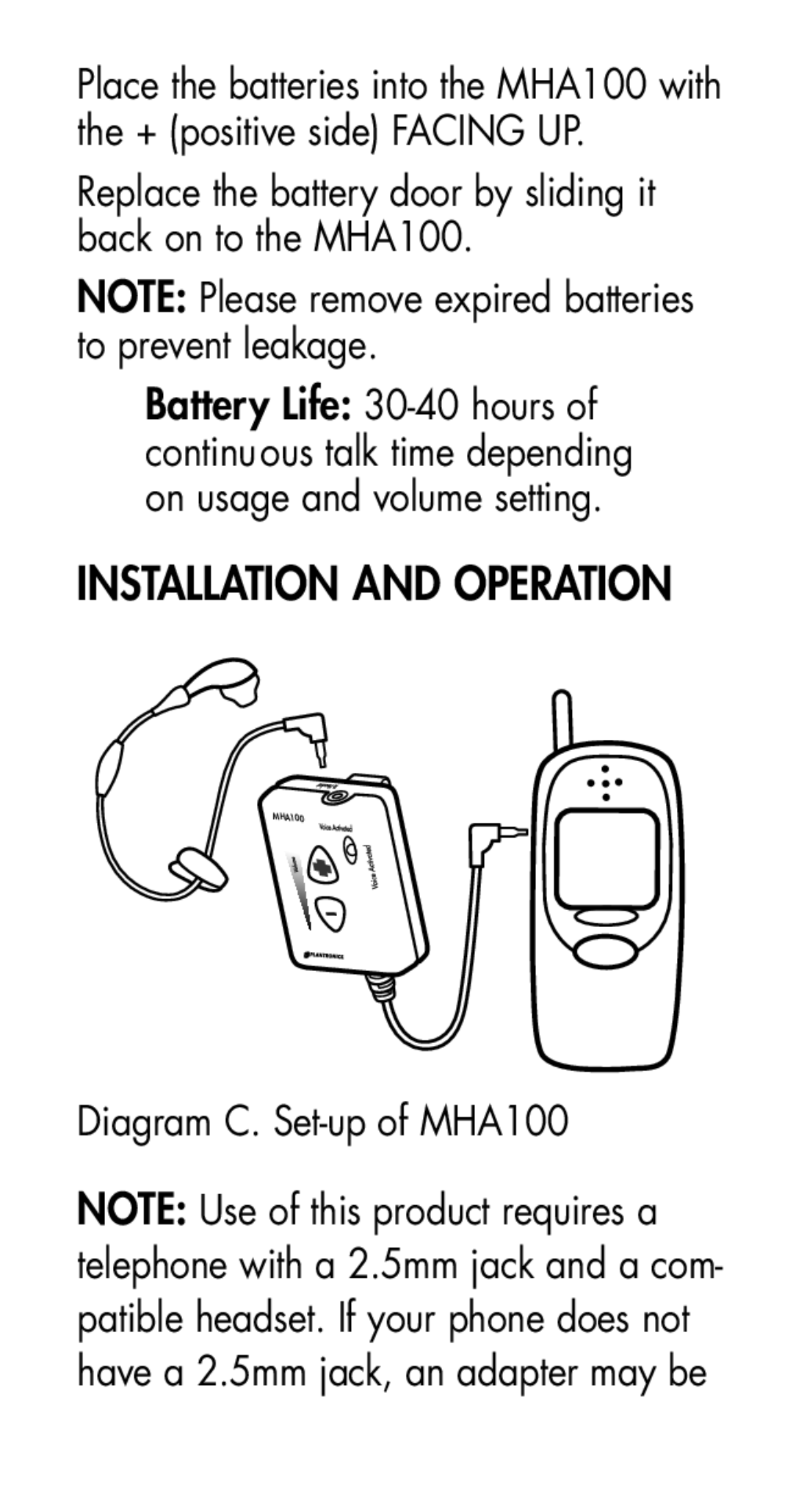 Plantronics manual Installation and Operation, Diagram C. Set-up of MHA100 