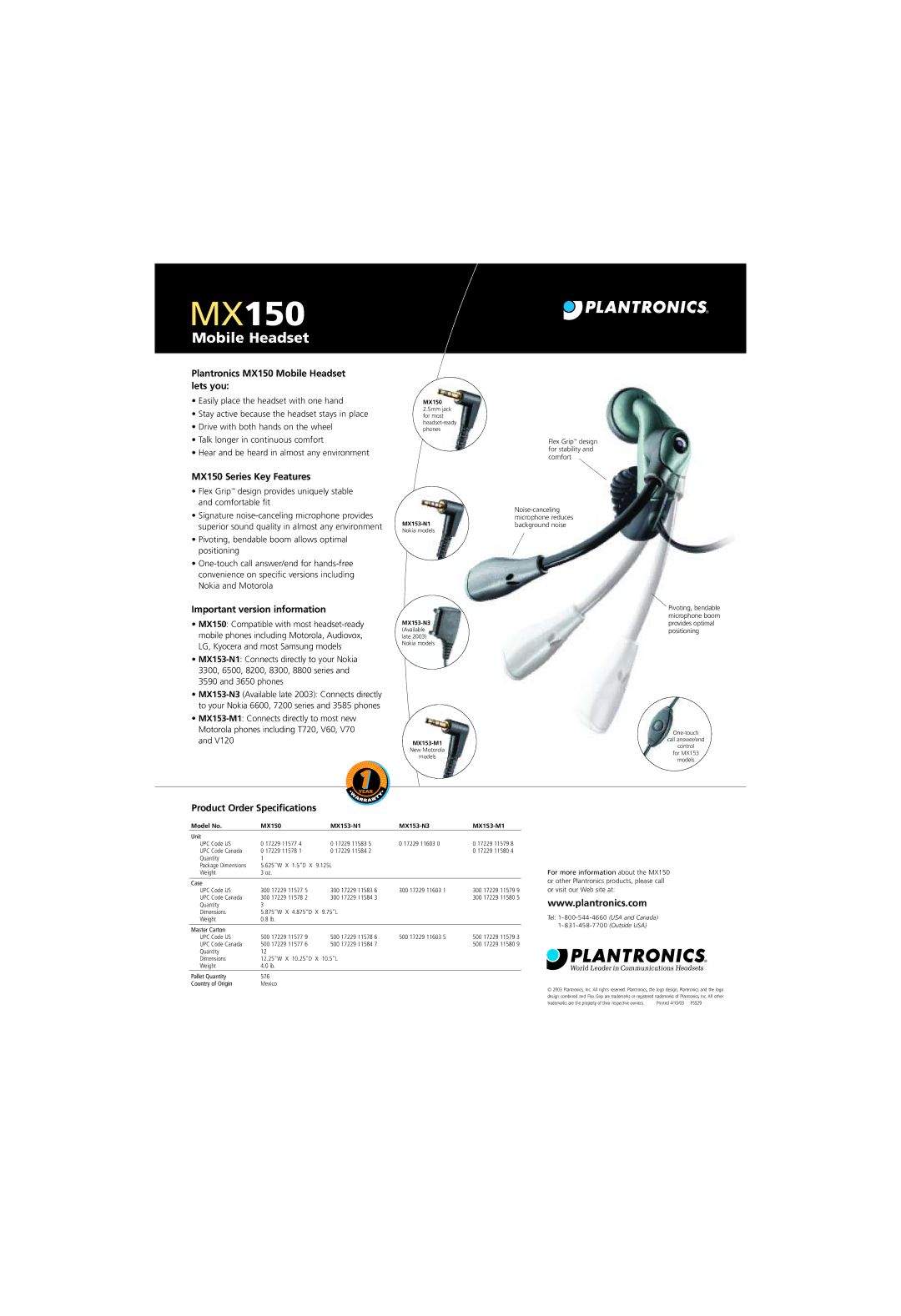 Plantronics MX 150 Plantronics MX150 Mobile Headset lets you, MX150 Series Key Features, Important version information 