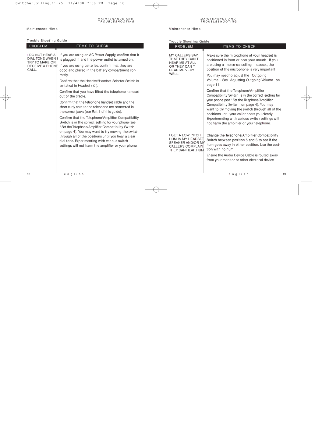 Plantronics MX10 manual You may need to adjust the Outgoing, Confirm that the Telephone/Amplifier, Tion with no hum 