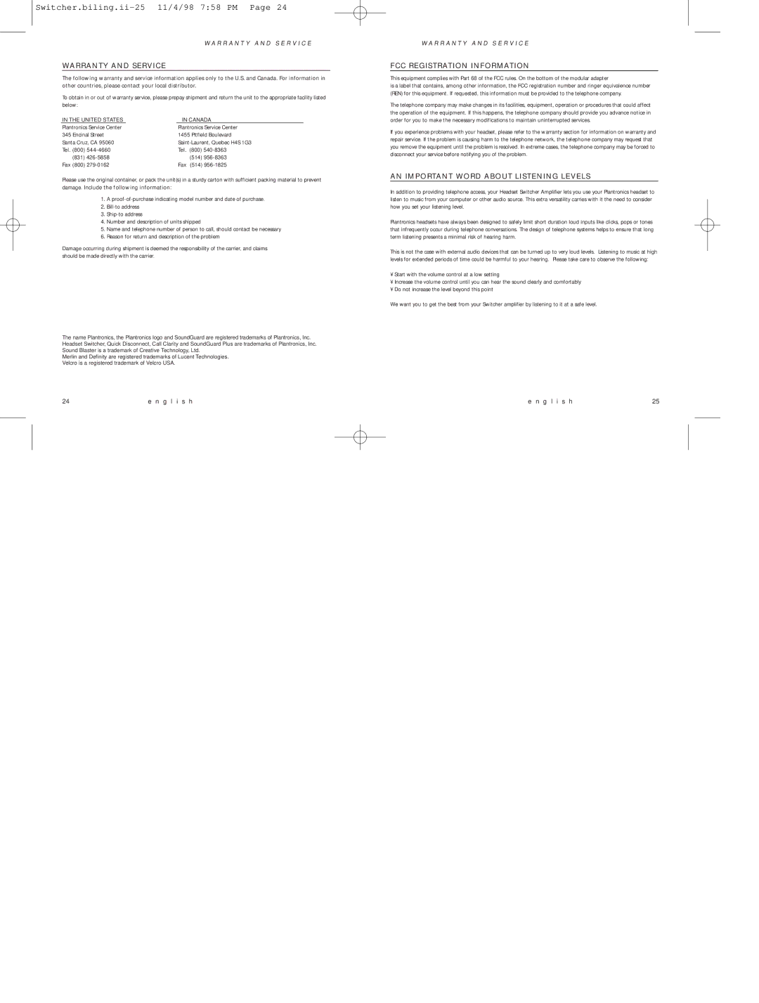 Plantronics MX10 manual Warranty and Service, FCC Registration Information, AN Important Word about Listening Levels 