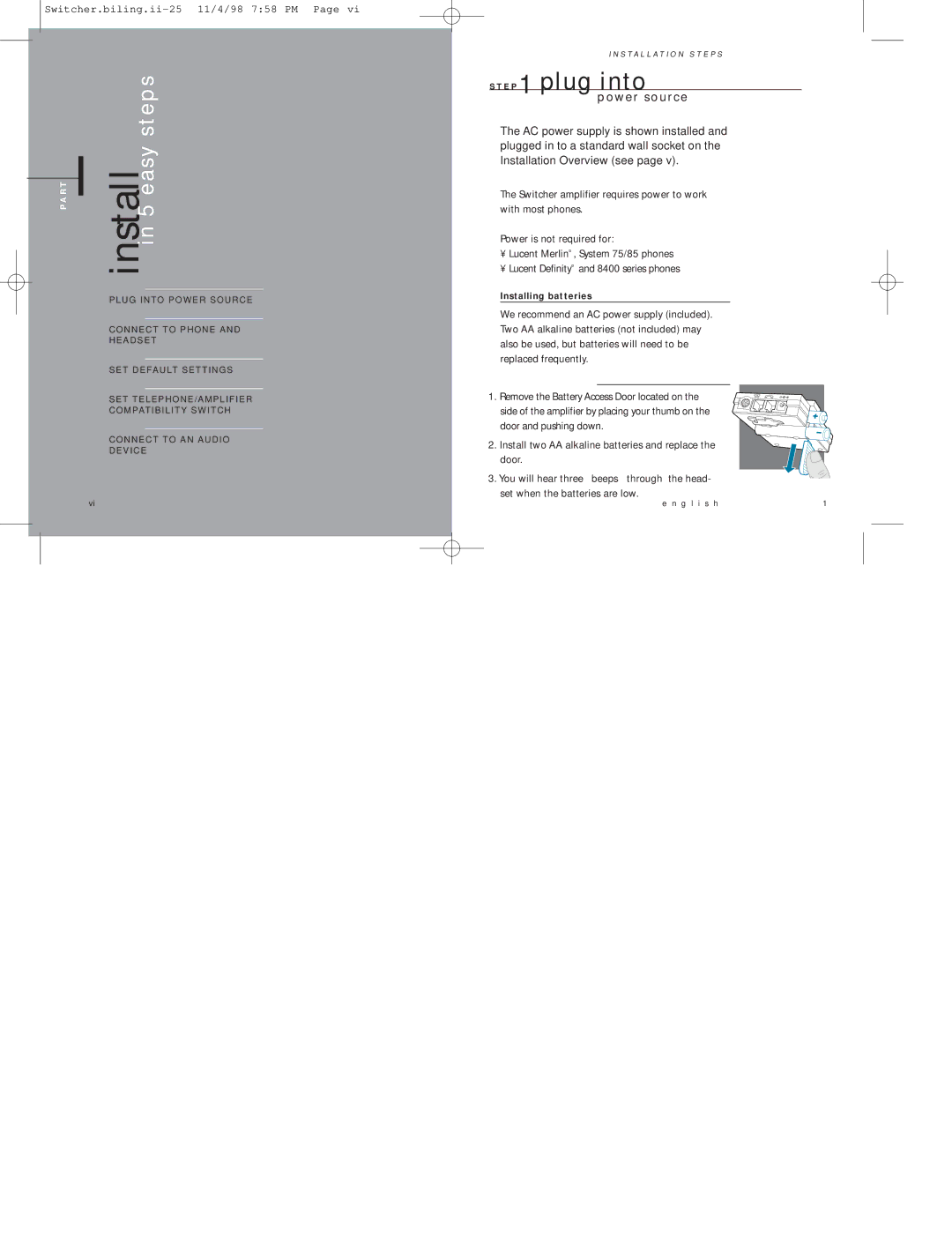 Plantronics MX10 manual Power source, Head Set when the batteries are low 