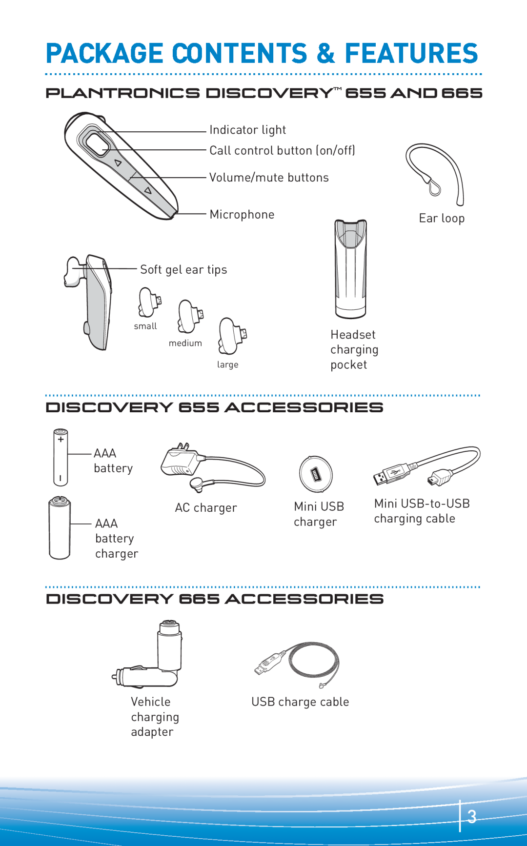 Plantronics none manual Package Contents & Features, PLANTRONICS DISCOVERYTM 655AND665, DISCOVERY 655ACCESSORIES 