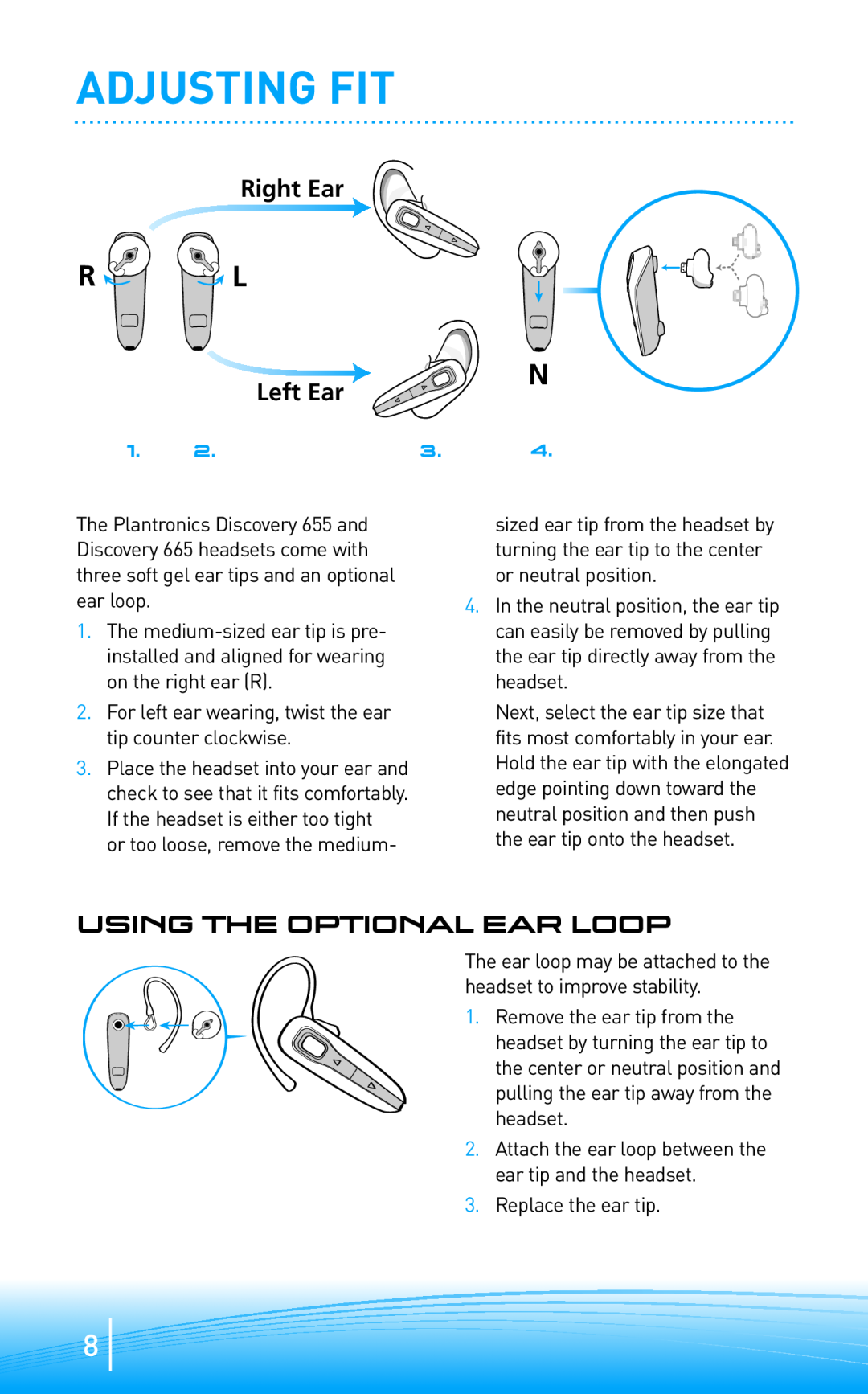 Plantronics none manual Adjusting Fit, Right Ear, Left Ear, Using The Optional Ear Loop 