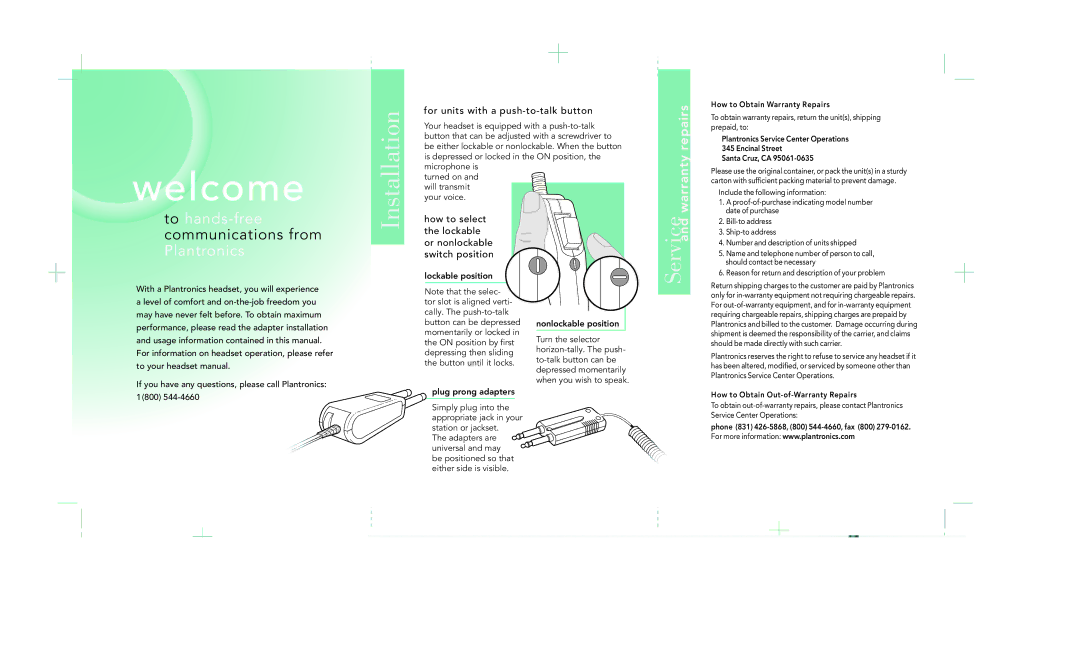 Plantronics P10 warranty Welcome, Installation, Service and warranty repairs, For units with a push-to-talk button 