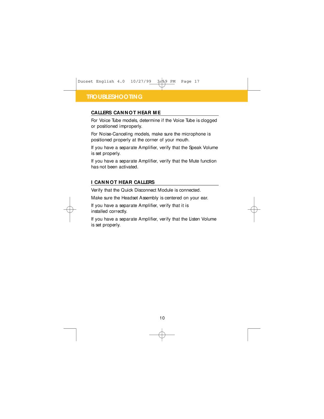 Plantronics P141, H141N manual Troubleshooting, Callers Cannot Hear ME 