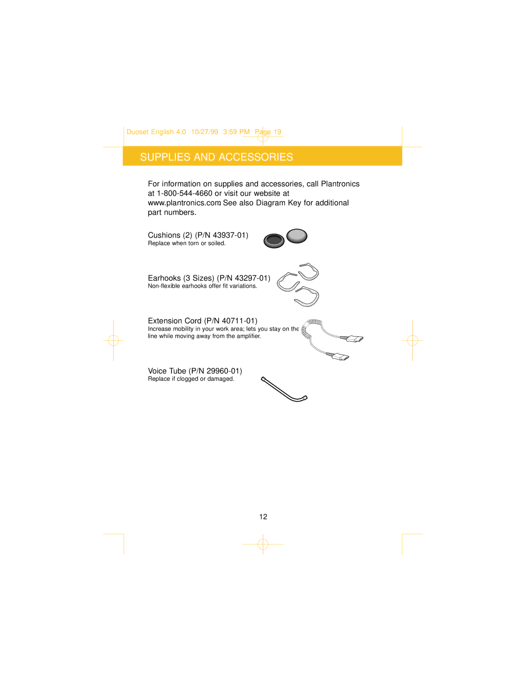 Plantronics H141N, P141 manual Supplies and Accessories, Extension Cord P/N 