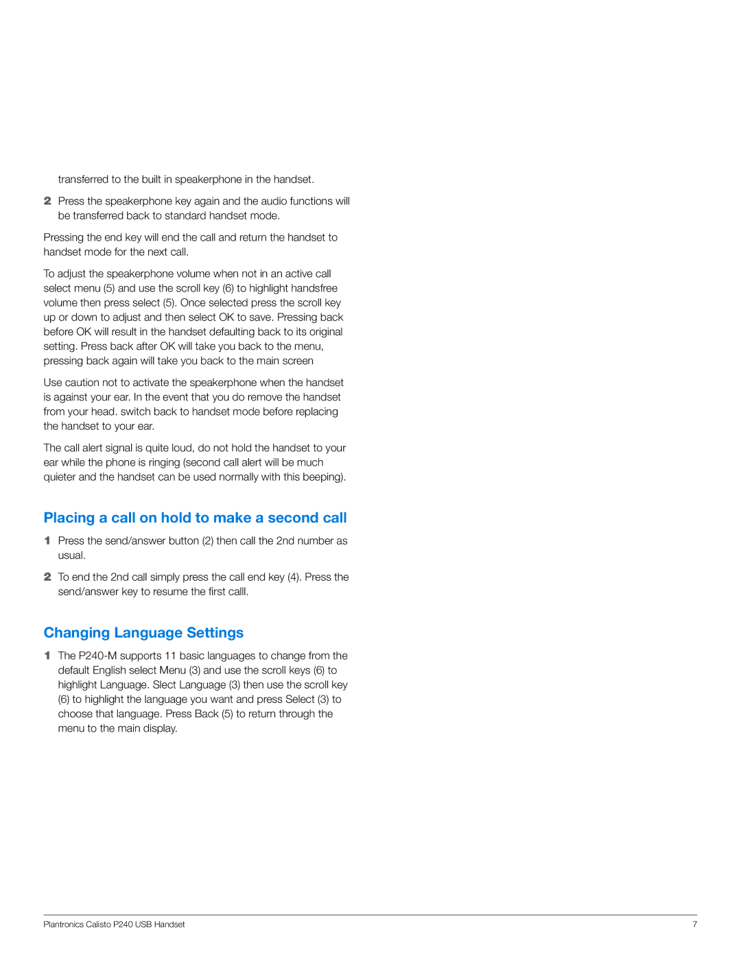 Plantronics P240-M manual Placing a call on hold to make a second call, Changing Language Settings 