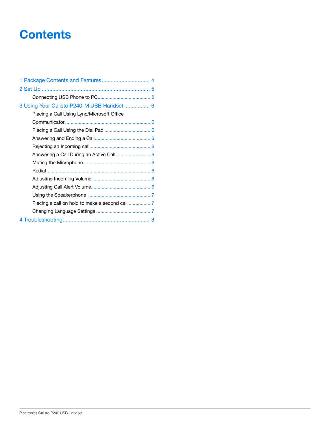 Plantronics P240-M manual Contents 