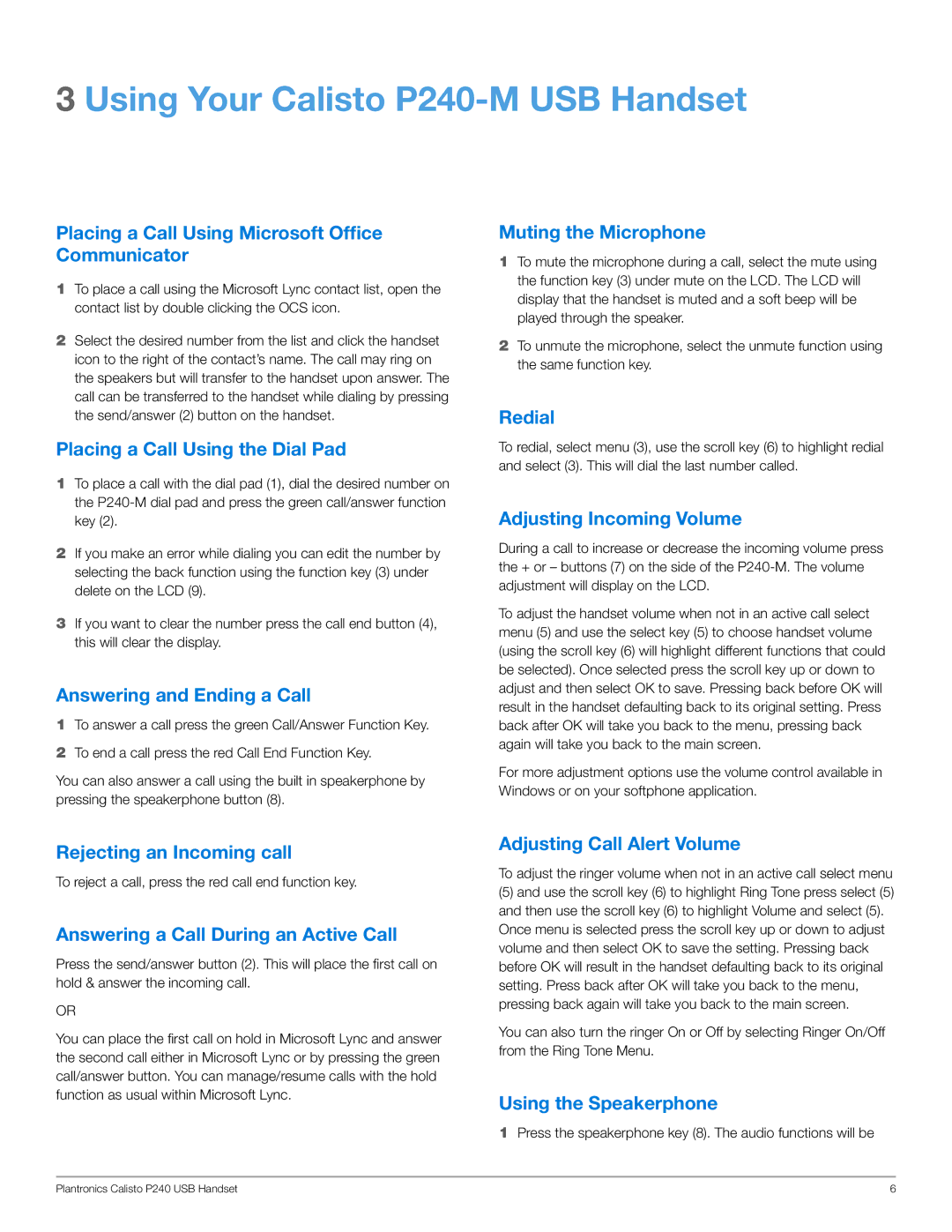 Plantronics manual Using Your Calisto P240-M USB Handset 