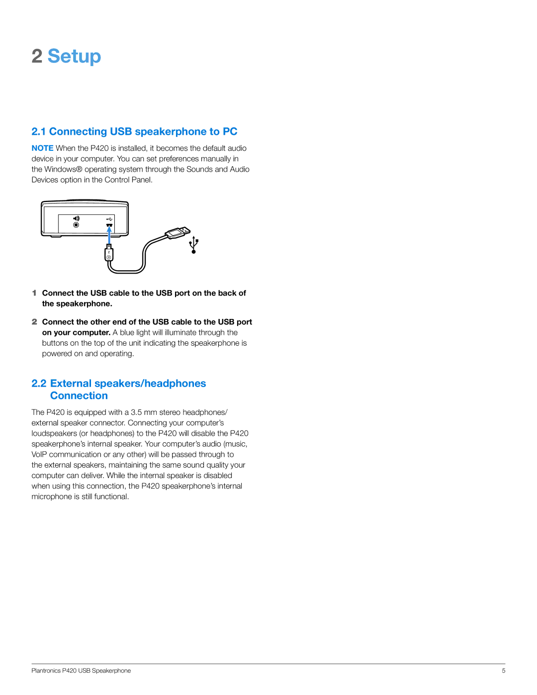 Plantronics P420 manual Setup, Connecting USB speakerphone to PC, External speakers/headphones Connection 