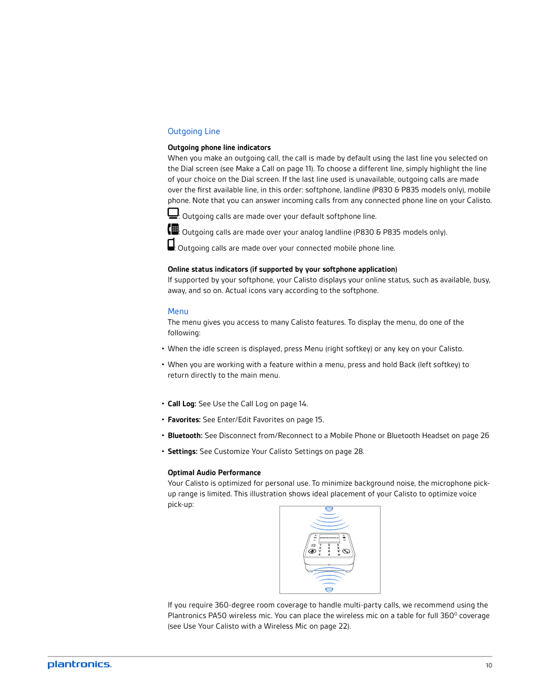 Plantronics P835-M, P830-M, P825-M, P820-M Outgoing Line, Menu, Outgoing phone line indicators, Optimal Audio Performance 