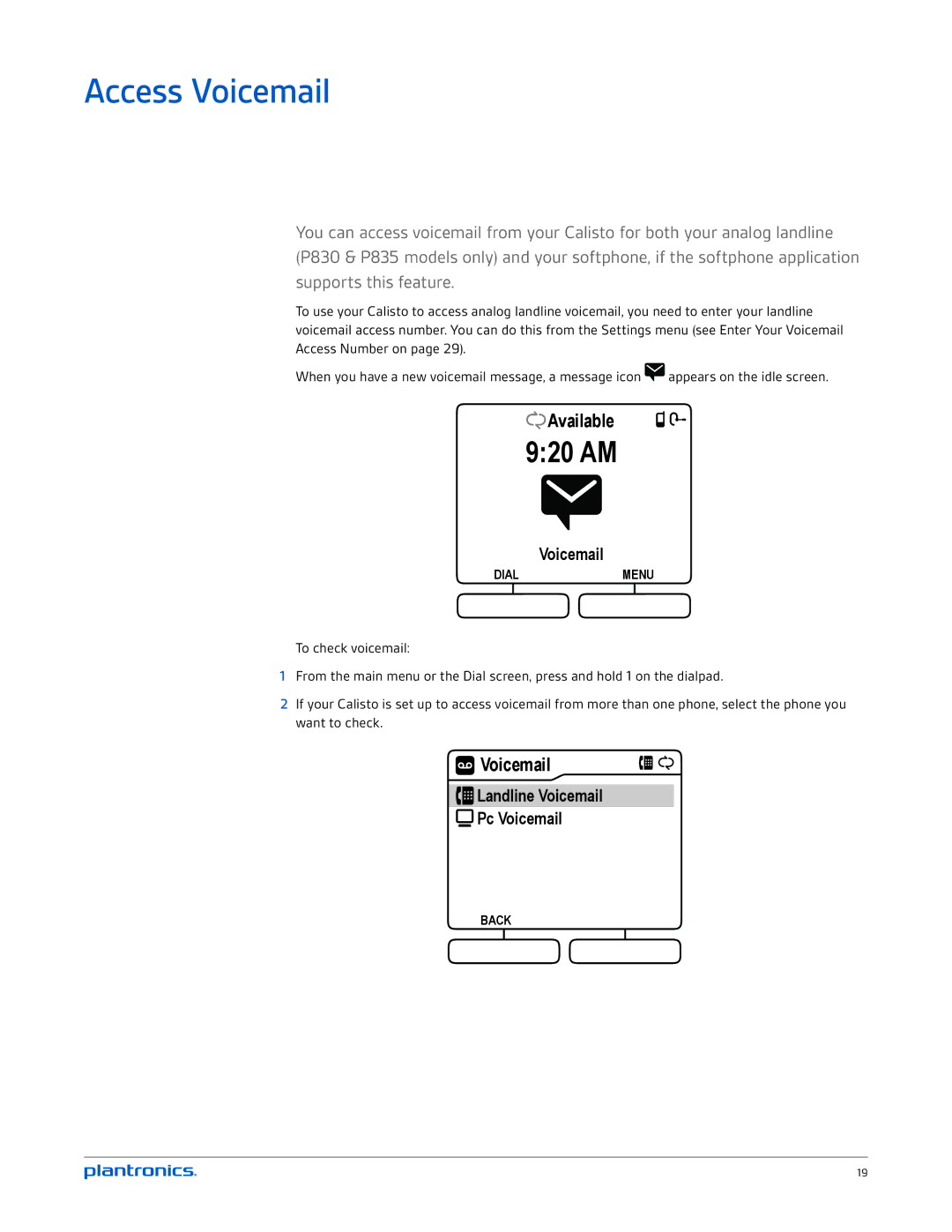 Plantronics P820-M, P830-M, P825-M, P835-M manual Access Voicemail, 920 AM 