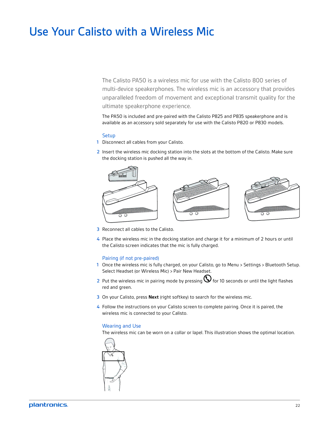 Plantronics P835-M, P830-M, P825-M Use Your Calisto with a Wireless Mic, Setup, Pairing if not pre-paired, Wearing and Use 