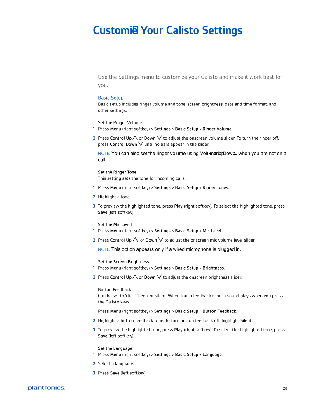 Plantronics P830-M, P825-M, P835-M manual Customize Your Calisto Settings, Basic Setup, Set the Ringer Tone, Button Feedback 