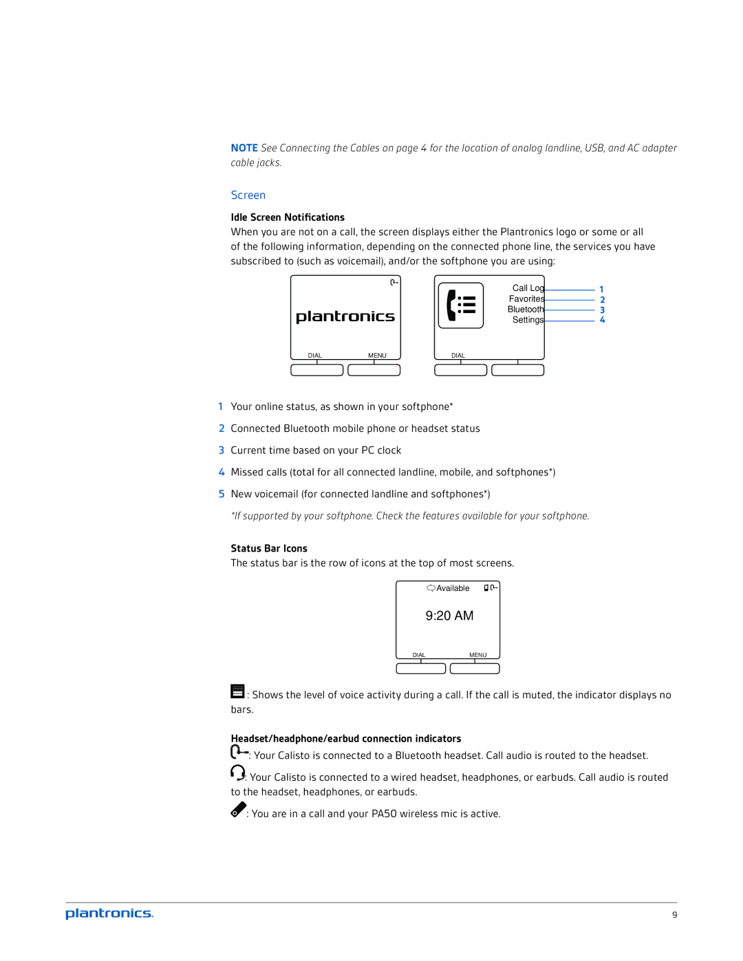 Plantronics P825-M, P830-M Idle Screen Notifications, Status Bar Icons, Headset/headphone/earbud connection indicators 