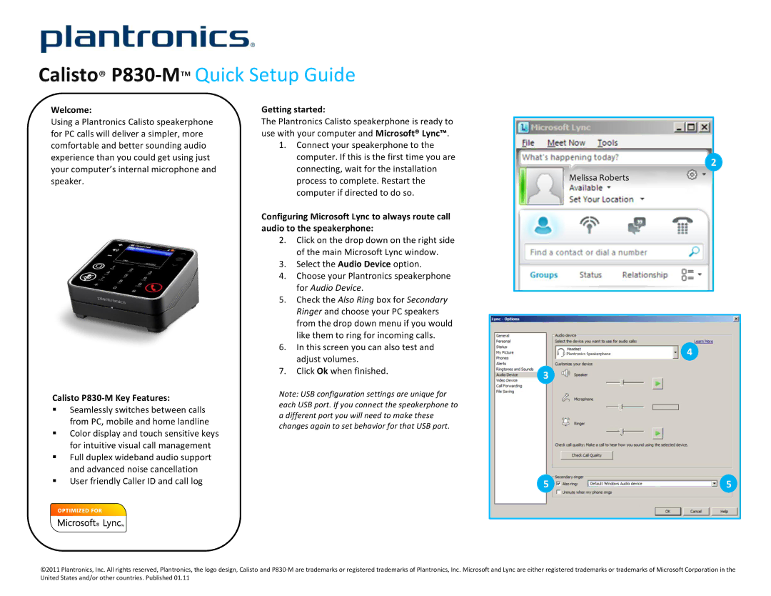 Plantronics setup guide Calisto P830-MQuick Setup Guide, Welcome, Calisto P830-M Key Features, Getting started 