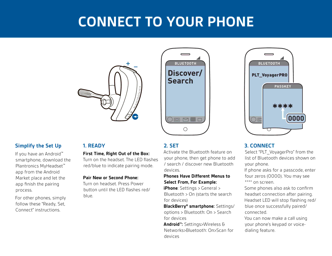 Plantronics PRO HD manual Connect to Your Phone, Simplify the Set Up 