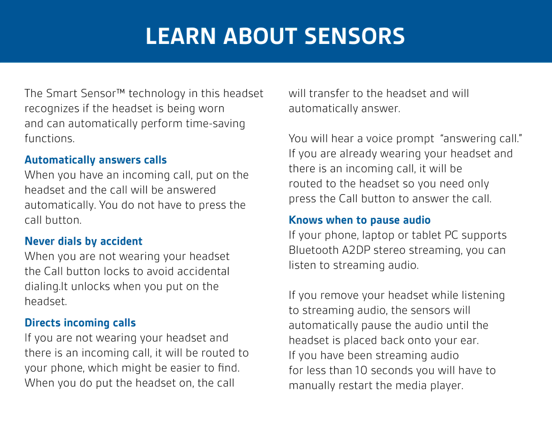 Plantronics PRO HD manual Learn about Sensors, Automatically answers calls 