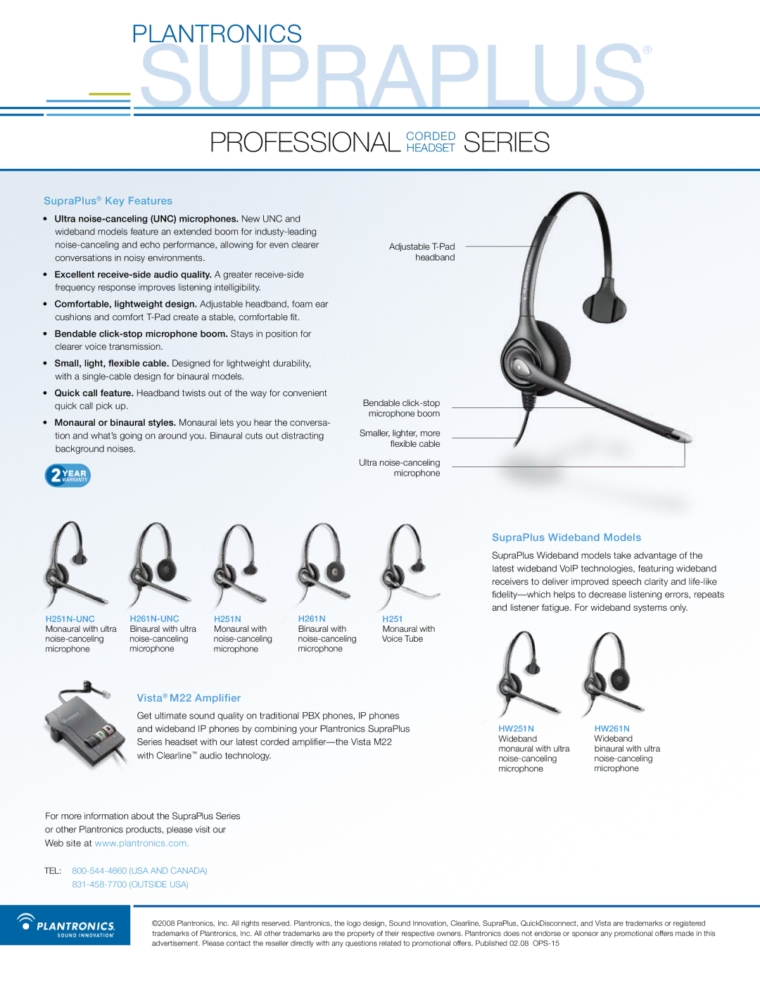 Plantronics PROFESSIONAL SERIES Supraplus, SupraPlus Key Features, Vista M22 Amplifier, SupraPlus Wideband Models 