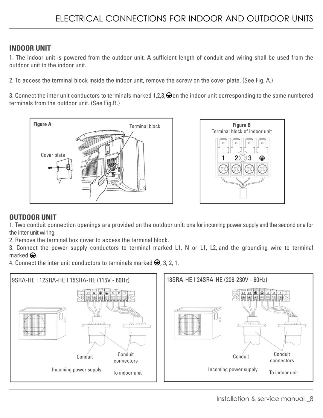 Plantronics R-410A manual Electrical Connections for Indoor and Outdoor Units, Indoor Unit 