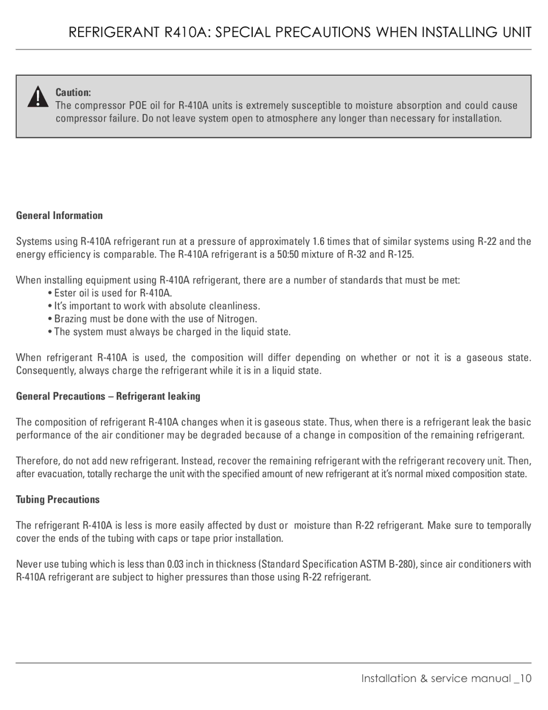 Plantronics R-410A Refrigerant R410A Special Precautions When Installing Unit, General Information, Tubing Precautions 