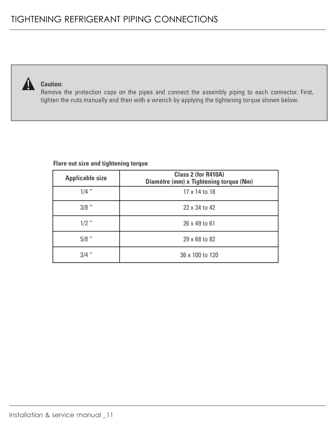 Plantronics R-410A manual Tightening Refrigerant Piping Connections, Flare nut size and tightening torque 
