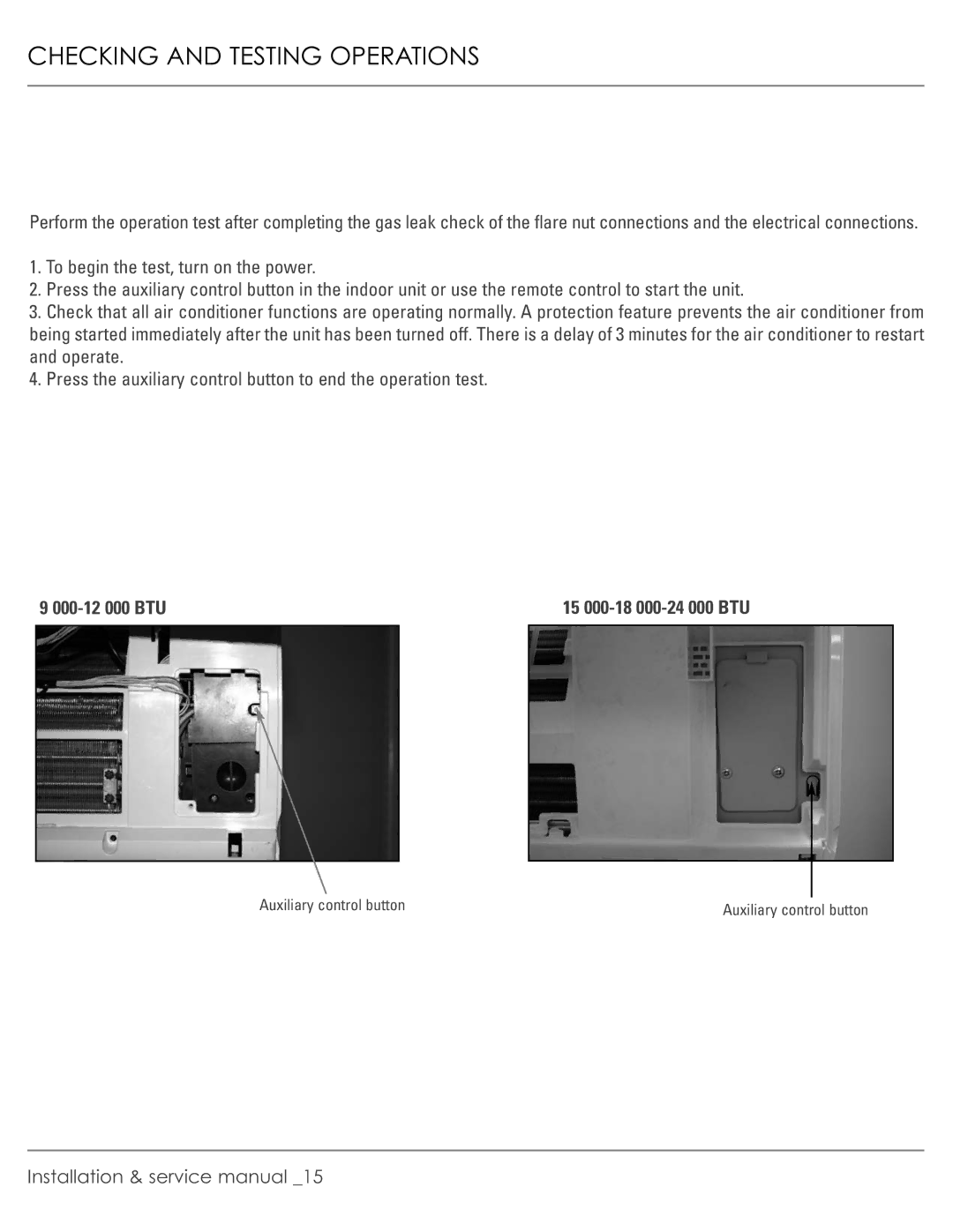 Plantronics R-410A manual Checking and Testing Operations, 000-12 000 BTU 15 000-18 000-24 000 BTU 